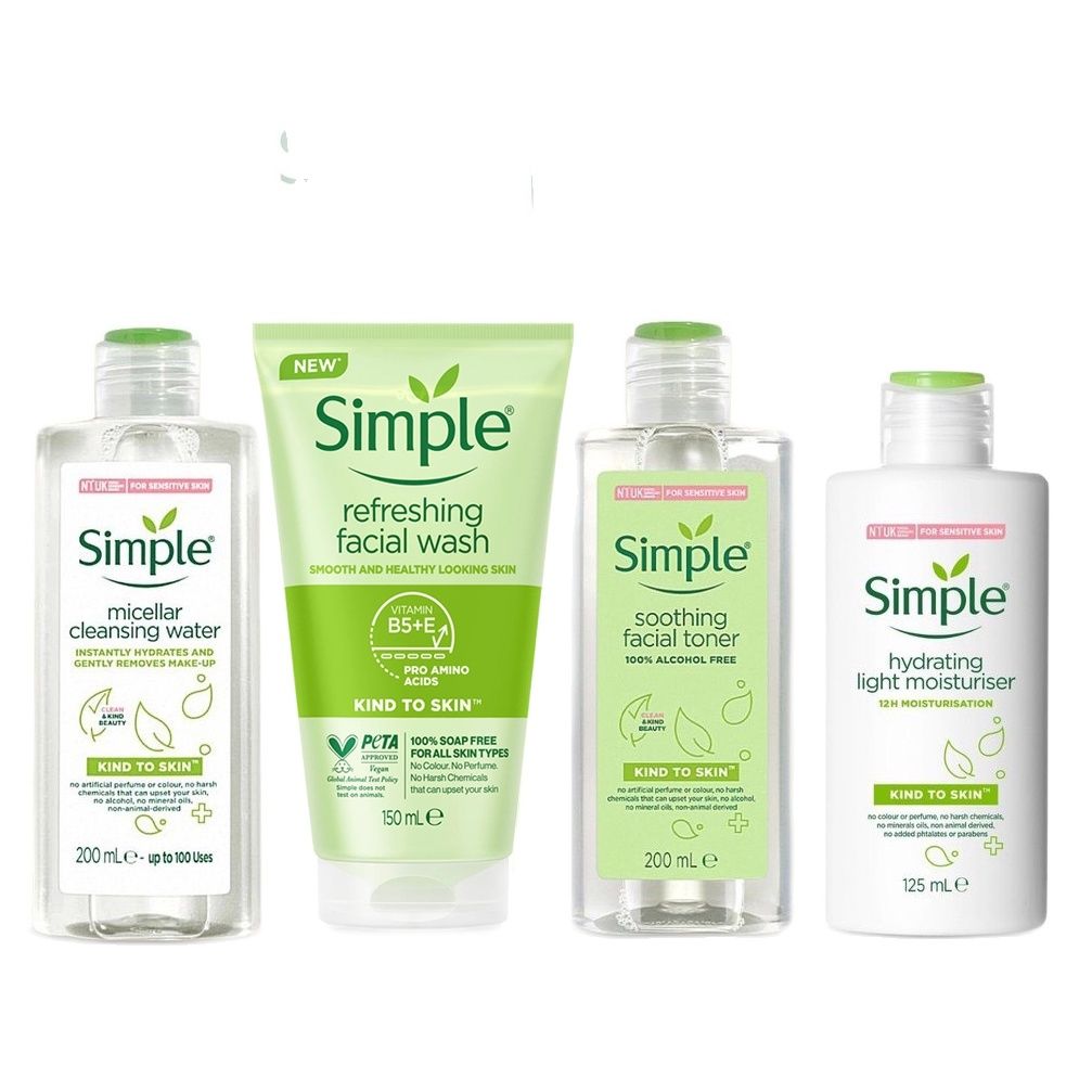 Simple Combo dưỡng da dịu nhẹ - Tẩy trang Simple Sữa rửa mặt Simple Nước hoa hồng Simple - Kem dưỡng da Simple