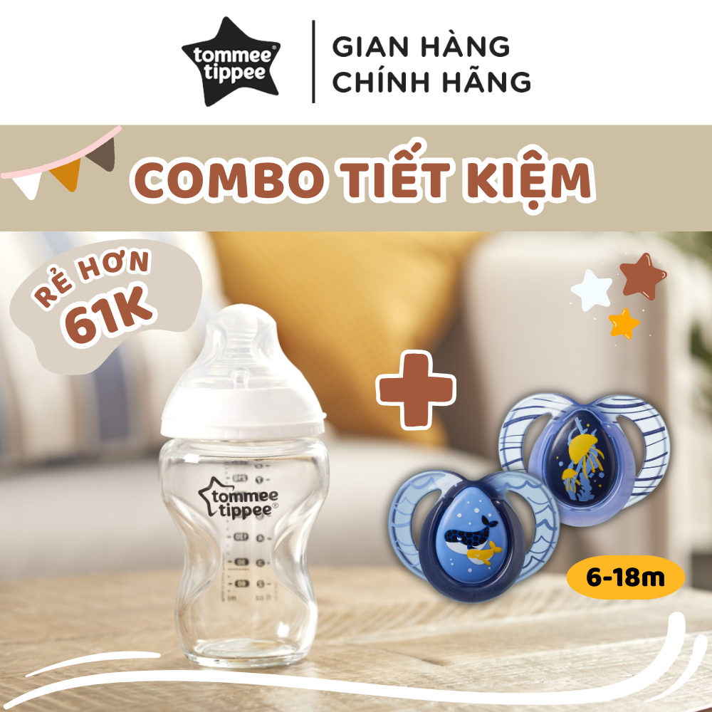 COMBO Ty ngậm dạ quang Tommee Tippee Night Time 6-18m & Bình sữa thủy tinh ty siêu mềm Tommee Tippee 250ml