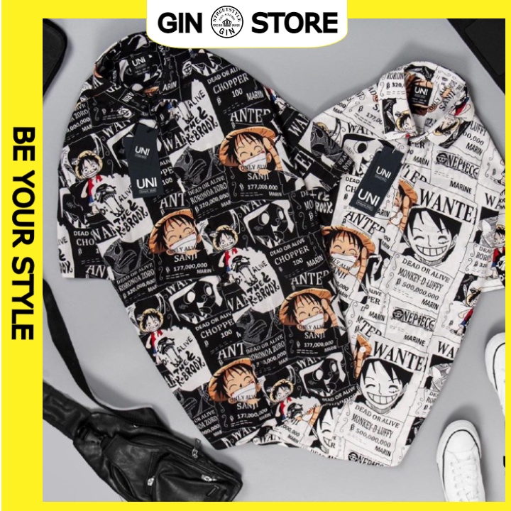 Áo sơ mi nam luffy chất lụa không nhăn - sơ mi tay lỡ nam nữ unisex in hình luffy màu trắng đen - gin store