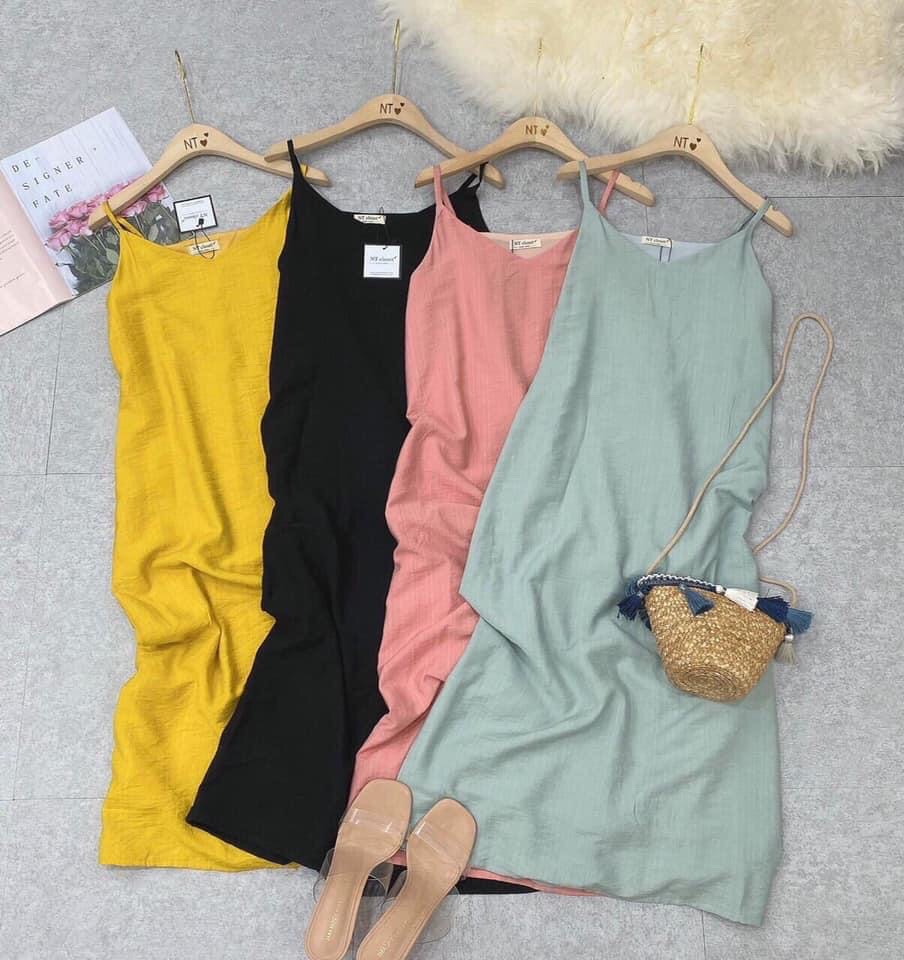 Chỉ bán sỉ Đầm maxi 2 dây vải đũi form rộng xẻ tà mặc đi biển