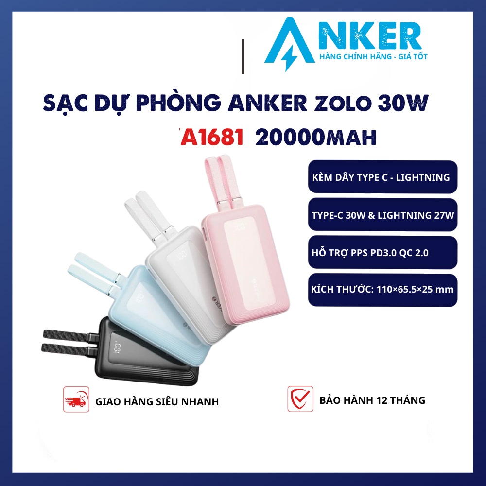  Pin sạc dự phòng Anker Zolo 30W 10000mAh 20000mAh 2 cổng 1C1A 2 cáp C-C C-L PD QC PPS 