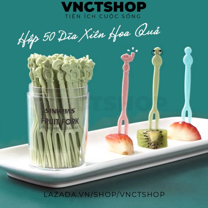 Hộp 50 dĩa ăn hoa quả, nĩa ăn trái cây xiên hoa quả bằng nhựa cute dễ thương