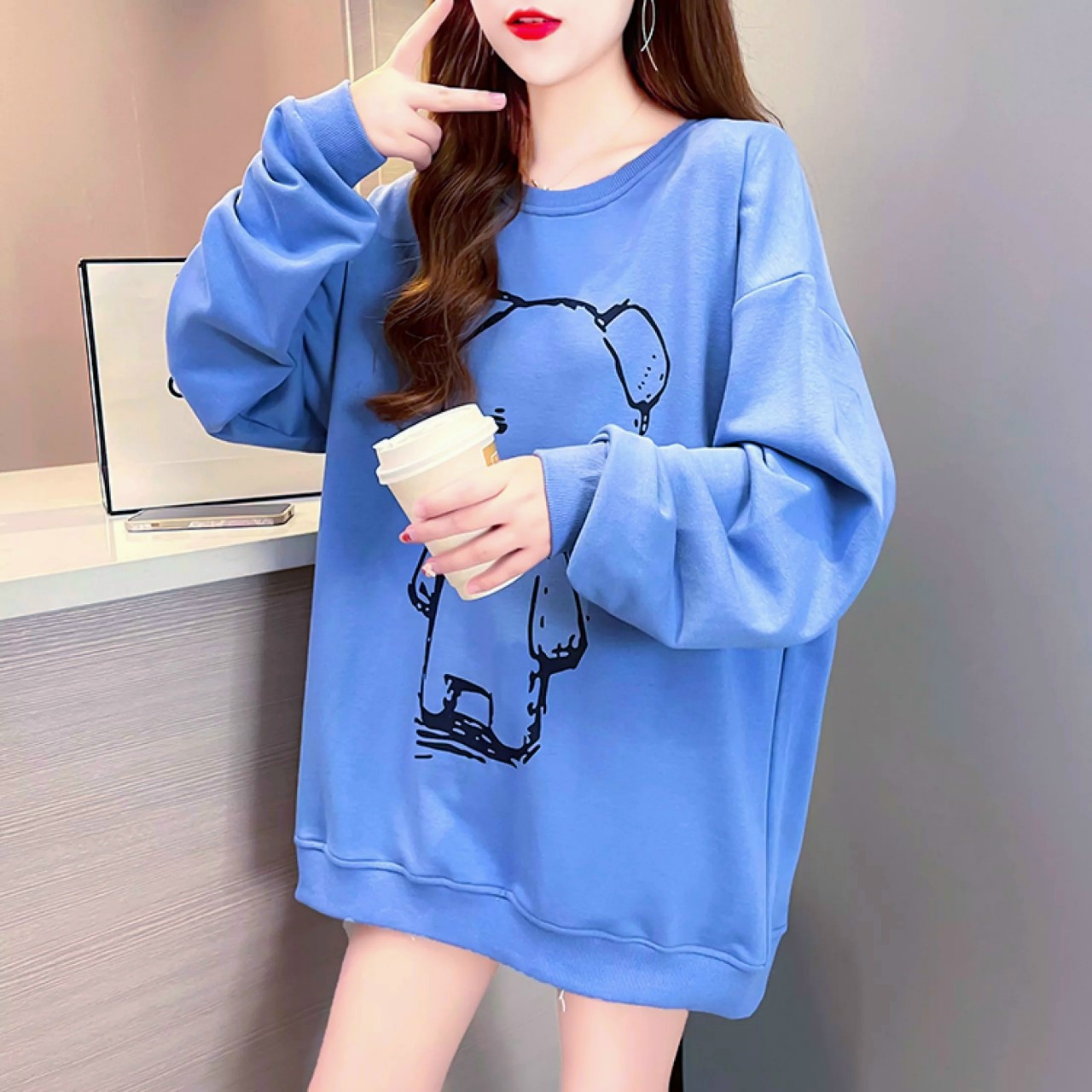Áo sweater nữ nỉ gấu ho bear form rộng, áo nỉ nữ cổ tròn siêu dễ thương