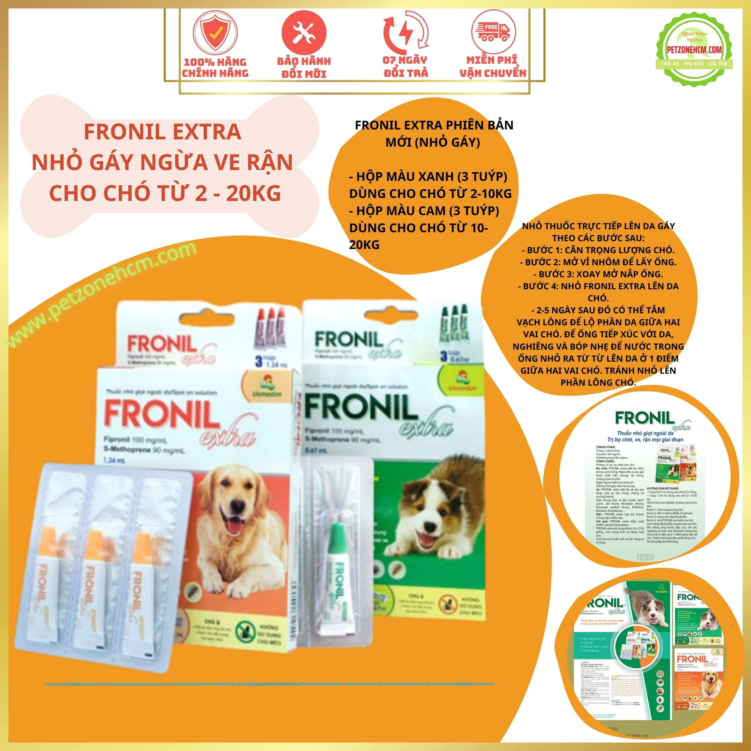Fronil Extra Vemedim nhỏ gáy cho chó trừ ve bọ chét hiệu quả nhanh [ FREESHIP ] nhãn cam 10-20kg, nhãn xanh 2-10kg - Nhỏ gáy diệt ve bọ chét cho chó cao cấp