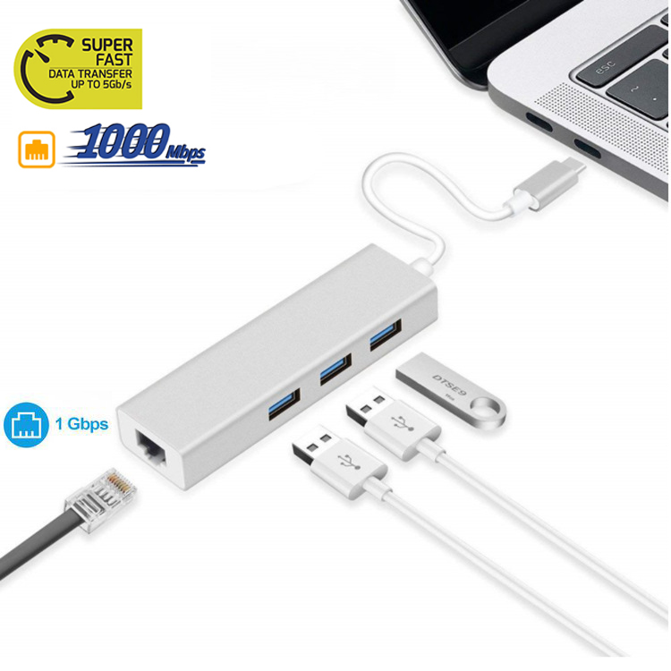 Cáp chuyển usb type c sang lan 1gbps tốc độ cao + 3 port usb 3.0 vỏ nhôm - hub conventer