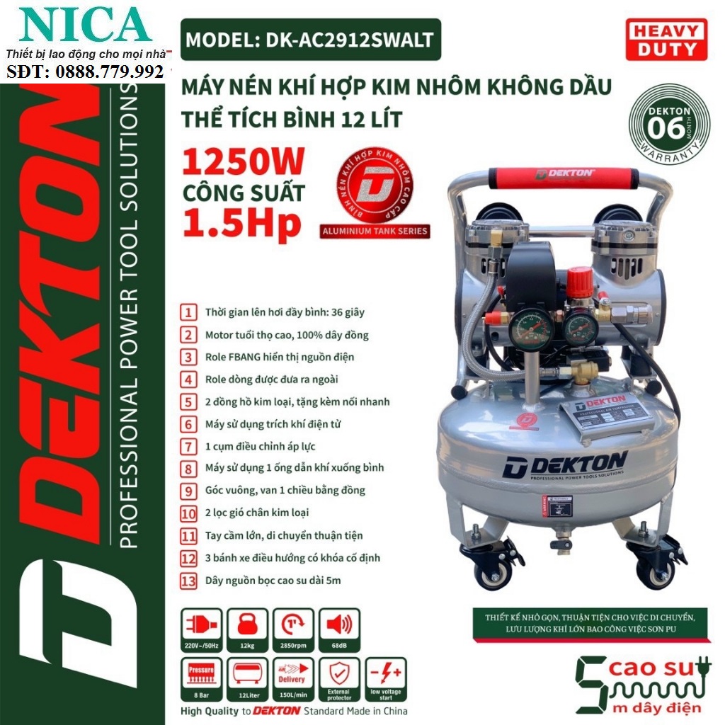 Máy nén khí không dầu dekton 1.5hp / dk-ac2912swalt / bình 12l / có điều áp đầu ra / độ ồn thấp / nạp hơi nhanh / bình h