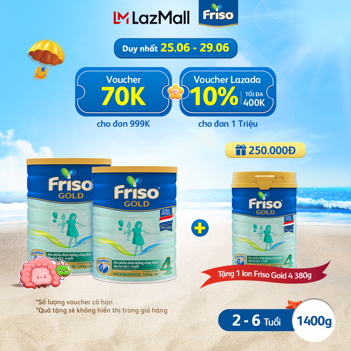 [Từ 25-29.06 VOUCHER ĐẾN 400K] [Tặng 1 Lon Sữa Bột Friso Gold 4 380G] Bộ 2 lon sữa Bột Friso Gold 4 lon thiếc 1.4KG-cho trẻ từ 2-6 tuổi