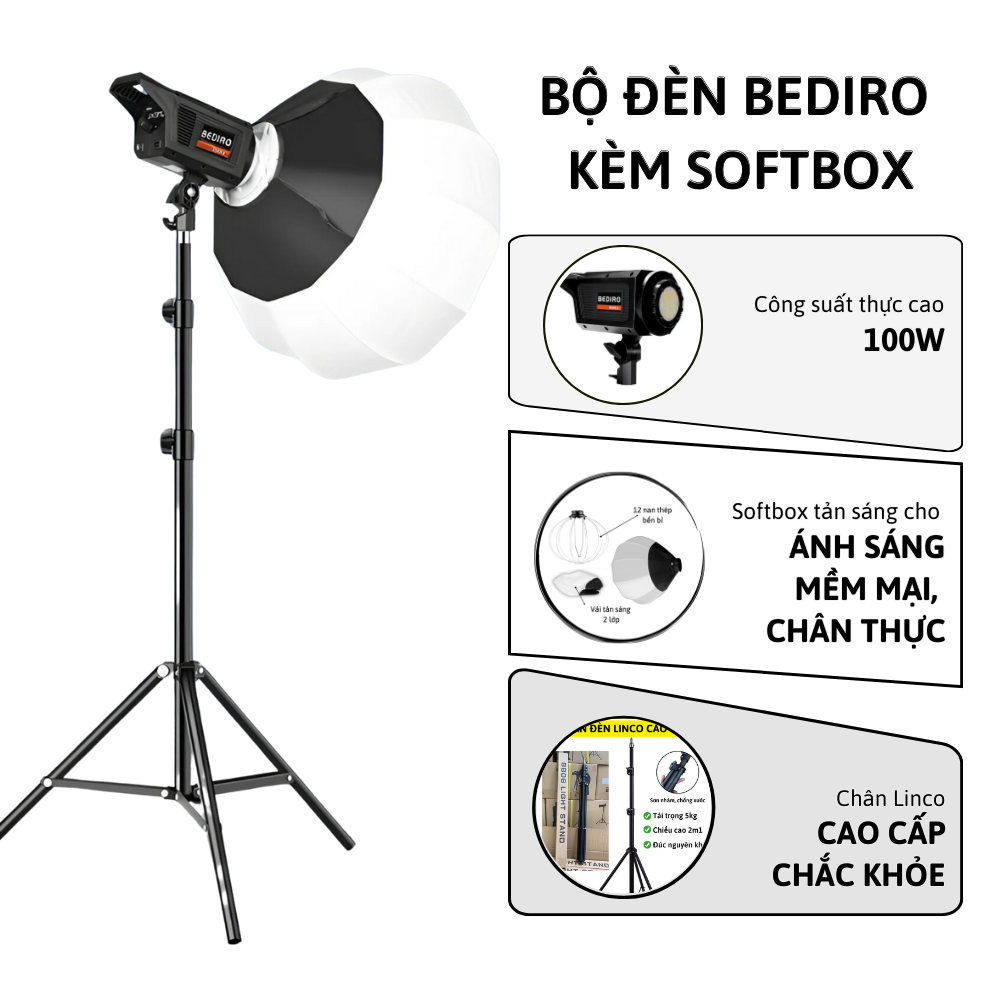 Bộ đèn livestream, chụp ảnh studio Bediro BD-400S  ngàm Bowen kèm chân đèn và softbox cầu