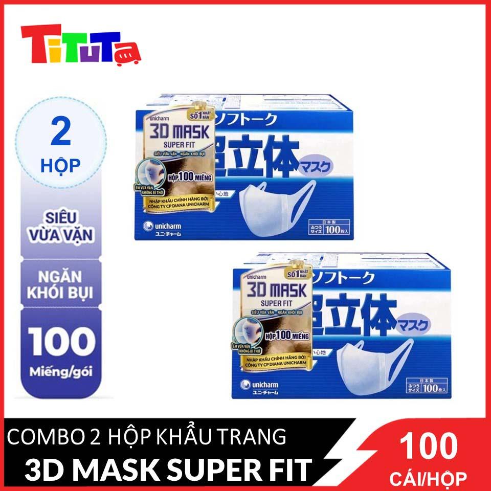 Bộ 2 Hộp Khẩu trang ngăn khói bụi Unicharm 3D Mask Super Fit size M 100 miếng