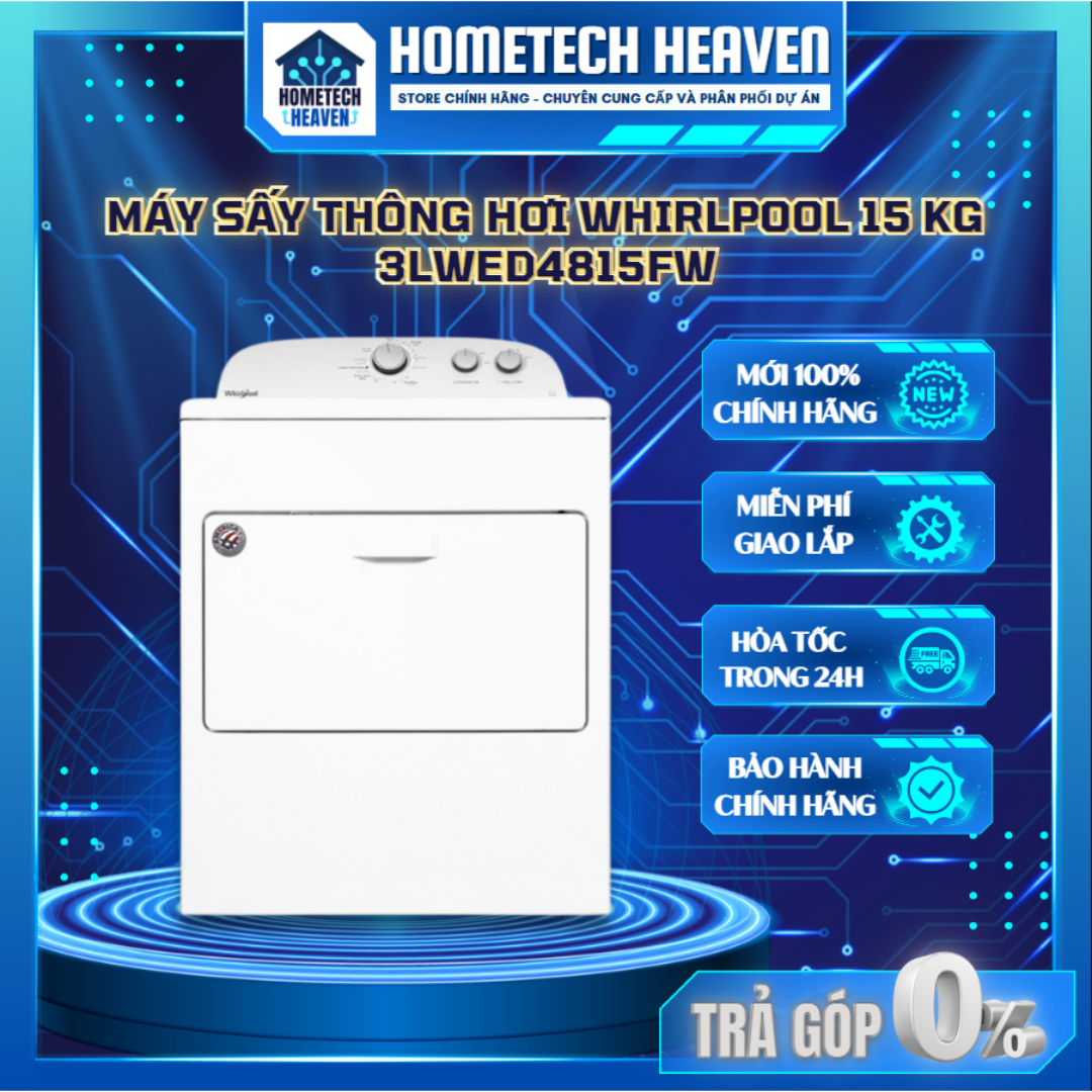 Máy sấy thông hơi Whirlpool 3LWED4815FW - 15 Kg, Trắng, Cửa ngang