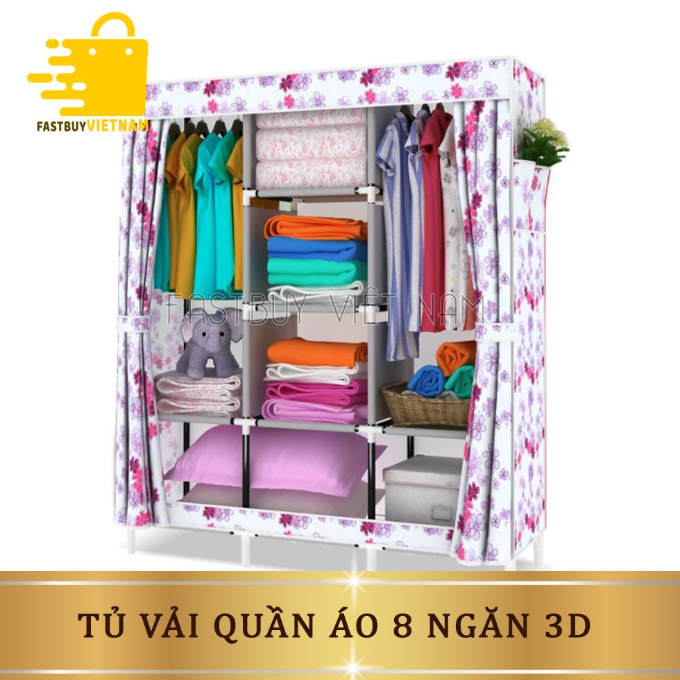 Tủ vải quần áo 3D 3 buồng 8 ngăn cao cấp, siêu bền, họa tiết đẹp , khung Inox chắc chắn