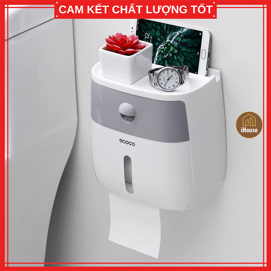 Hộp đựng giấy vệ sinh Ecoco 2 tầng treo tường, Kệ treo giấy vệ sinh đa năng để điện thoại tiện lợi iHouse