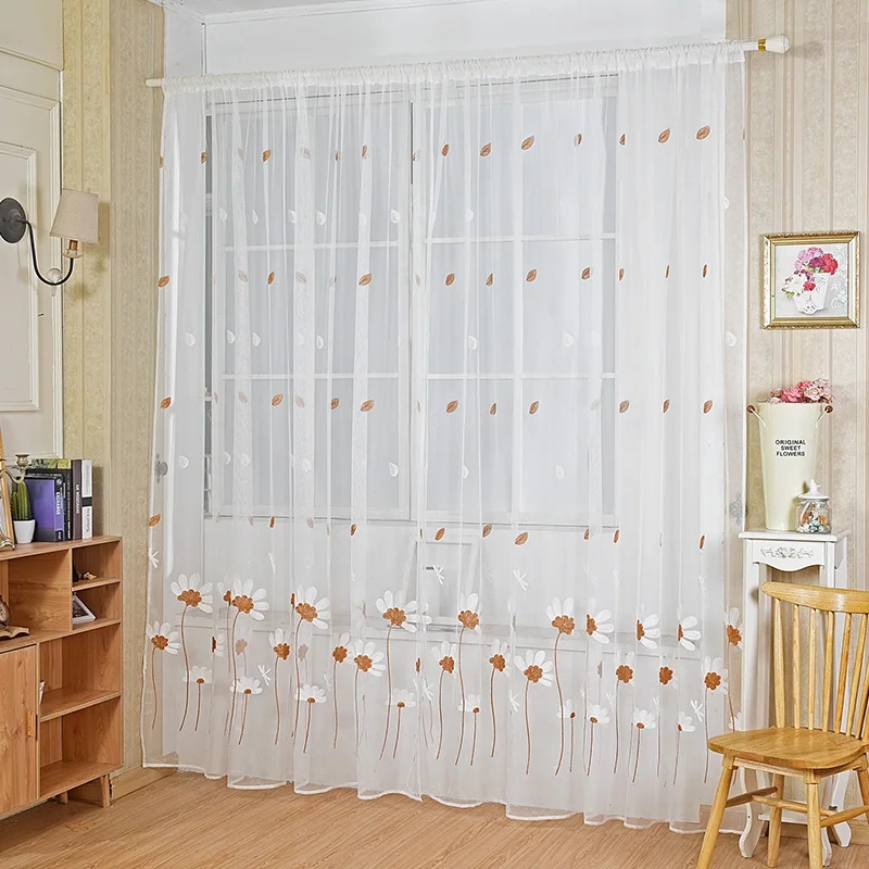 Rèm Voan Thêu Hoa Cúc Màu Trắng - Vàng Loại 1 Trang Trí Nhà Cửa, Rèm Phòng Ngủ, Phòng Khách, Ban Công, Background