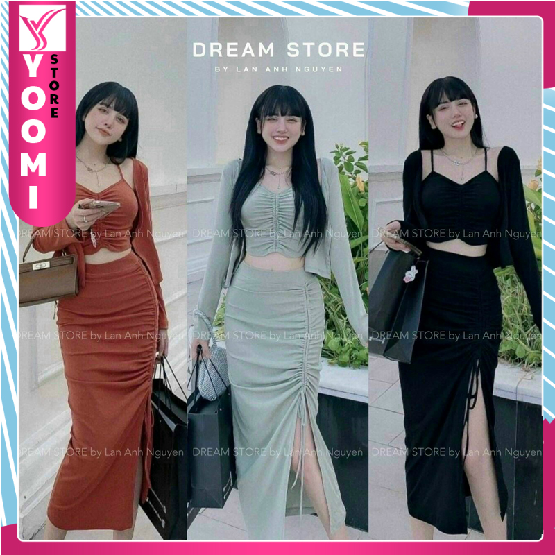Set Đầm nữ rút dây kèm áo khoác tay dài dễ thương xinh xắn phù hợp mặc đi chơi, dạo phố, lôi quấn mọi góc nhìn thời trang yoomi