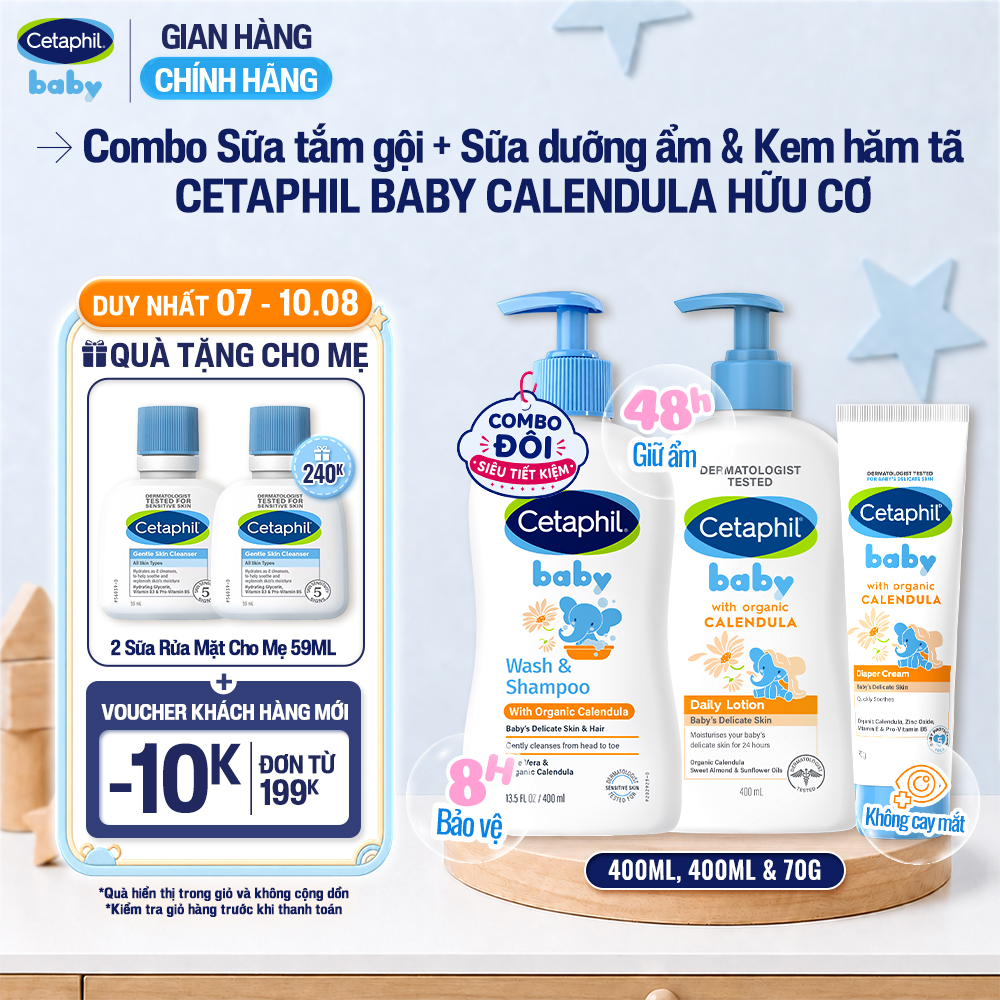 Bộ Sữa tắm gội 400ML + Sữa dưỡng ẩm 400ML + Kem chống hăm tã 70G CETAPHIL BABY WITH ORGANIC CALENDULA