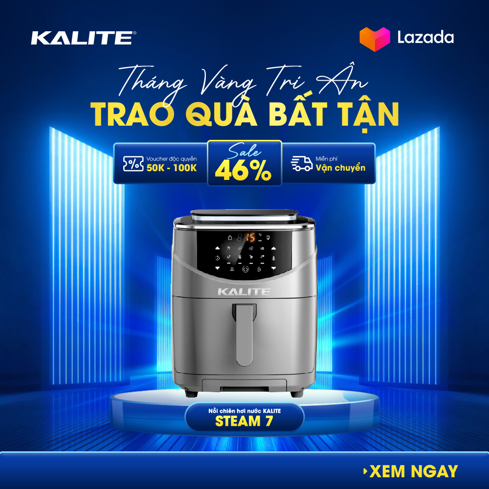 Nồi chiên hơi nước Kalite Steam 7, dung tích 7L, công suất 1700W, công nghệ chiên hấp 2 trong 1 tiện hợp với 9 chế độ nấu setup sẵn sàng, bảo hành 24 tháng