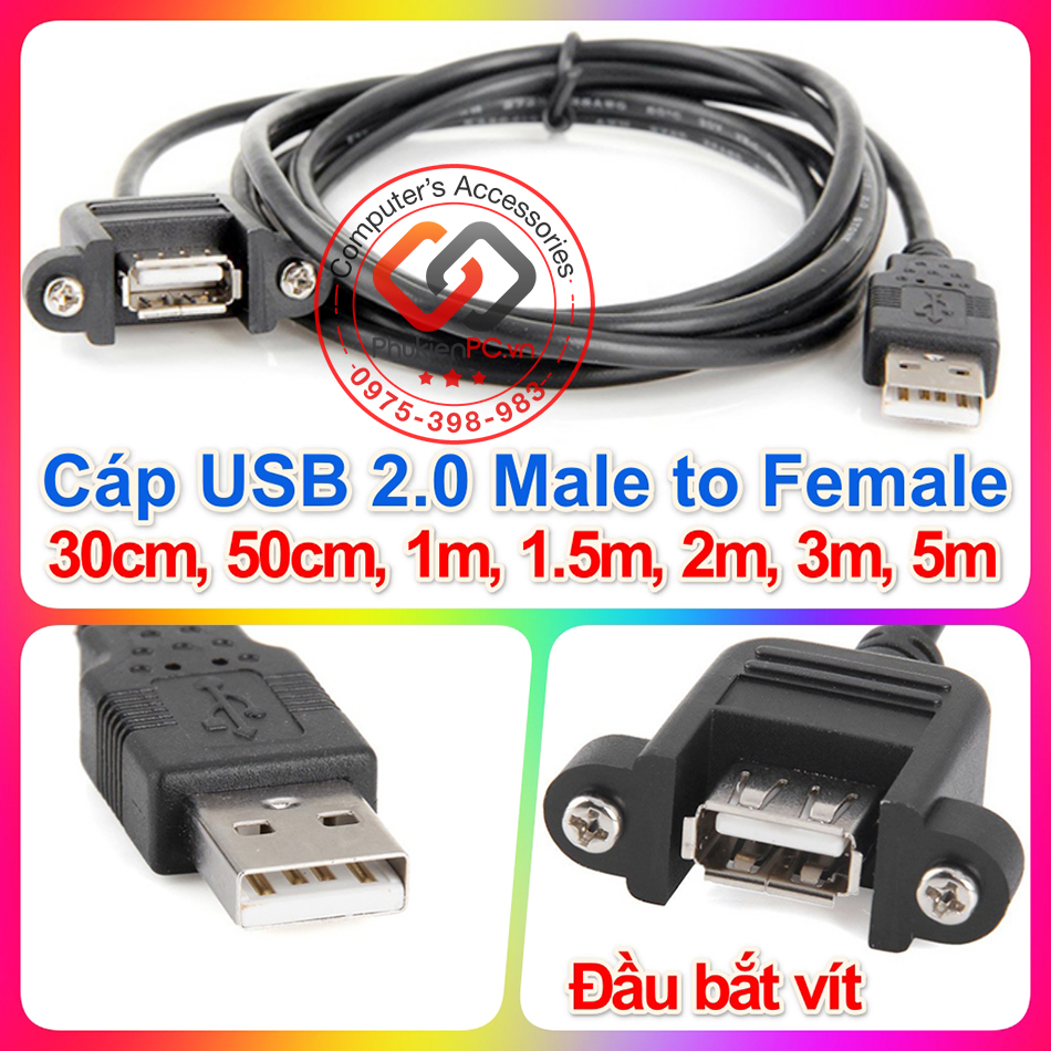 Cáp nối dài usb 2.0 male to female, đầu bắt vít, dài 30cm 50cm 1m 1.5m 2m 3m 5m. cho máy tính nhúng, thiết bị điện tử, máy tính pc, laptop