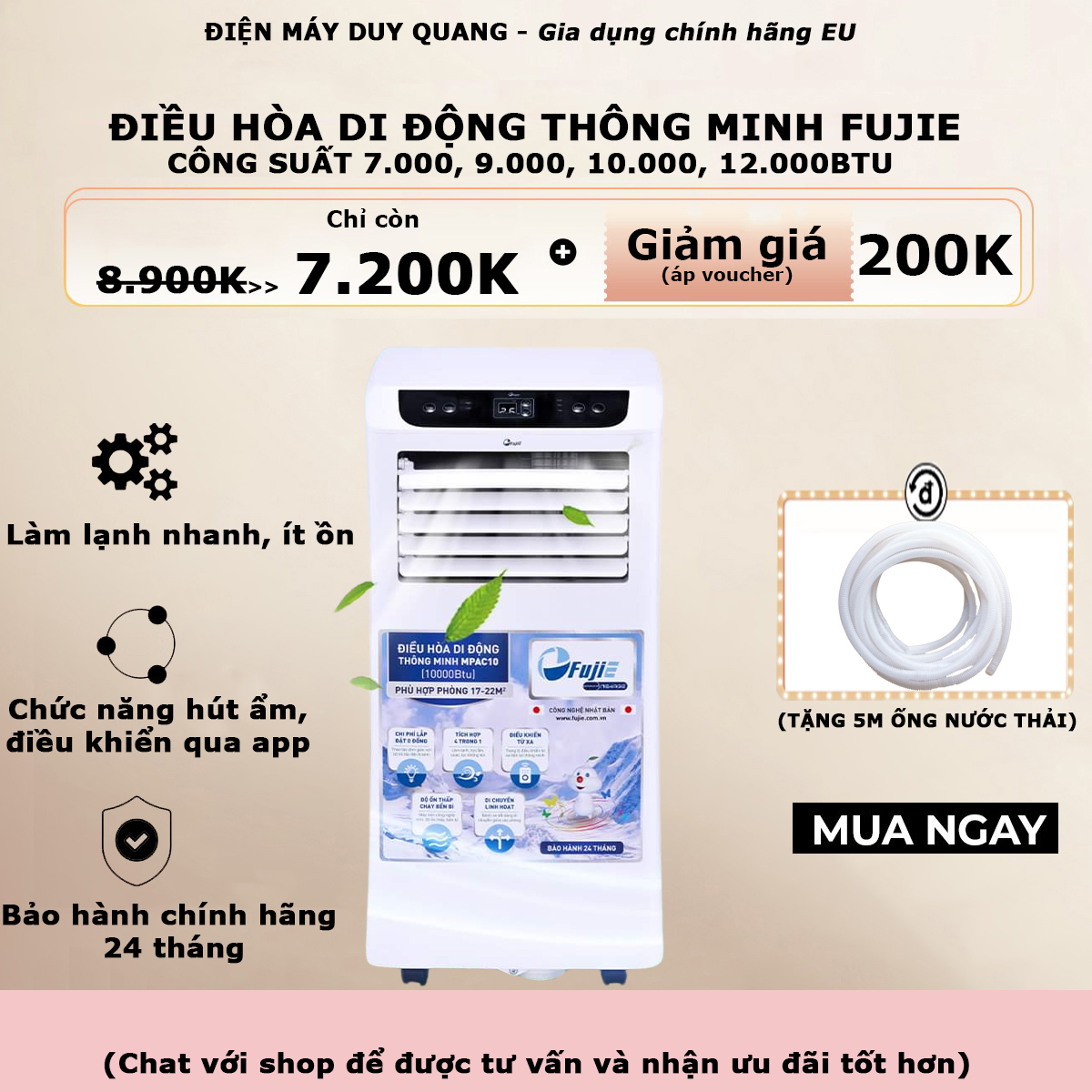 Điều hòa di động thông minh fujie mpac12 công nghệ nhật bản, công suất 12,000btu, máy lạnh có thể di chuyển