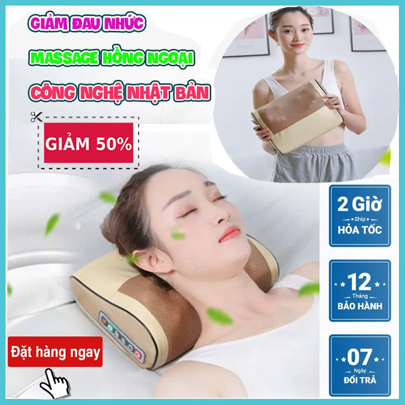 Gối massage hồng ngoại - Máy mátxa cổ vai gáy - Gối massage cột sống cổ - Gối mát xa vai gáy toàn thân - 16 bi, hỗ trợ giảm đau nhức mỏi cổ, vai gáy, lưng, chân, toàn thân