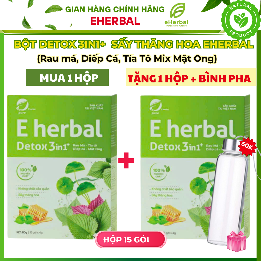[Mua 1 hộp Tặng 1 hộp + Bình pha] Bột Detox 3 trong 1 Rau má diếp cá Tía Tô Mix Mật Ong Sấy Thăng Hoa Eherbal thơm ngon, dễ uống,detox cơ thể, giảm nóng trong nhiệt miệng táo bón