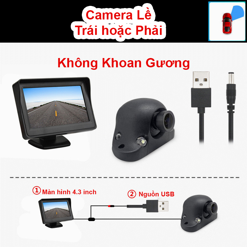 Camera 360 Ô Tô Cạp Lề Trái hoặc Lề Phải Không Cần Khoan Gương, Có Đèn LED đi đêm, BH 1 năm, Màn Hình Dán Full HD 4.3inch - Labaha Shop