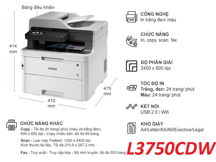 Máy in Laser màu đa chức năng không dây Brother MFC-L3750CDW Hàng chính hãng