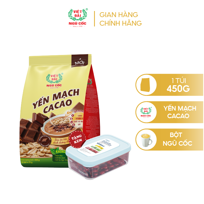 (Tặng Hộp Inochi Cao Cấp) Bột Ngũ Cốc Yến Mạch Cacao VIỆT ĐÀI Túi 450g Tốt Cho Sức Khỏe Bổ Sung Năng Lượng