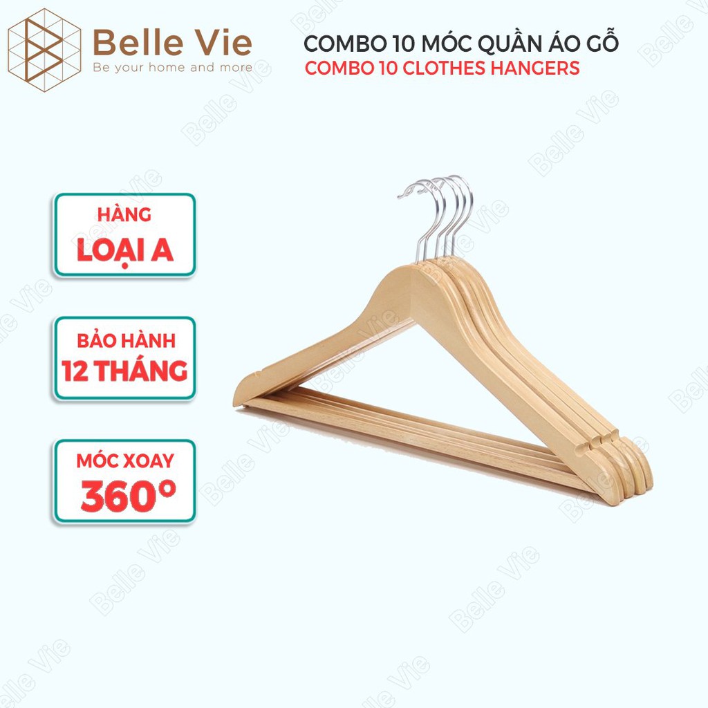 Combo 10 Chiếc Móc Treo Quần Áo BELLEVIE Móc Treo Đồ Tiện Dụng Bằng Gỗ Cao Cấp Hàng Loại A
