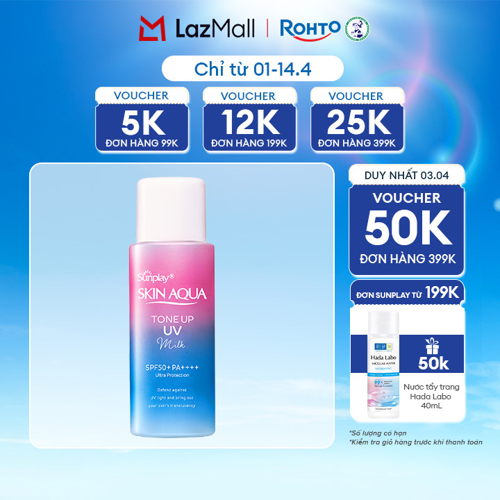 Kem chống nắng nâng tông Skin Aqua Tone up Lavender cho da tối màu  da vàng, dạng  sữa Sunplay Skin Aqua Tone Up UV Milk Lavender SPF 50+ PA++++ 50g