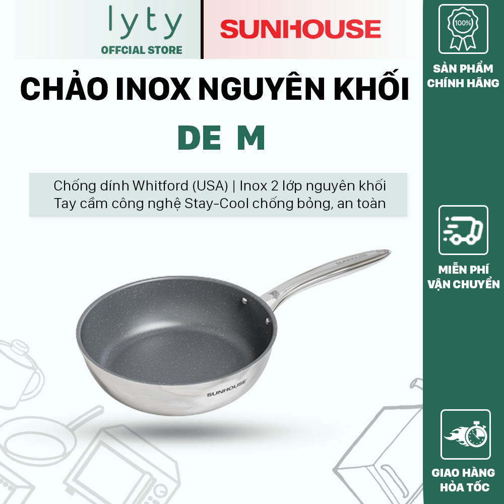 Chảo inox nguyên khối sunhouse de m, 20,22,24,26,28 cm
