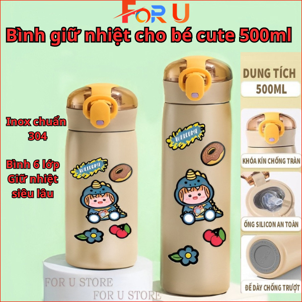 Bình giữ nhiệt học sinh inox 304 cao cấp For U, bình giữ nhiệt cho trẻ em hình thỏ, khủng long dễ thương, bình giữ nhiệt inox cao cấp- Bảo hành 1 năm