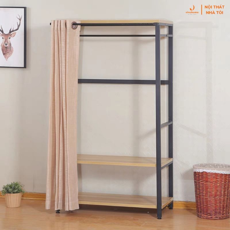 VNH-525 Giá, kệ treo quần áo khung sắt mặt gỗ 2 tầng, có thanh máng rèm đa năng, lưu trữ thông minh