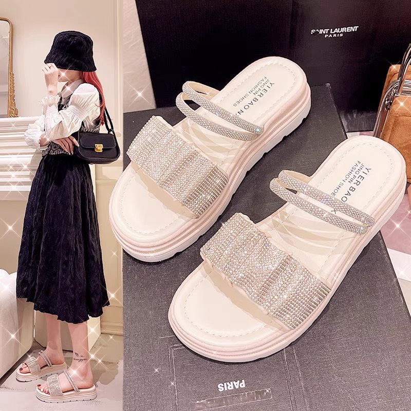 Giày sandal đế dày hai quai đính đá phong cách thời trang mùa hè 2022 hot trend🩴🩴🩴