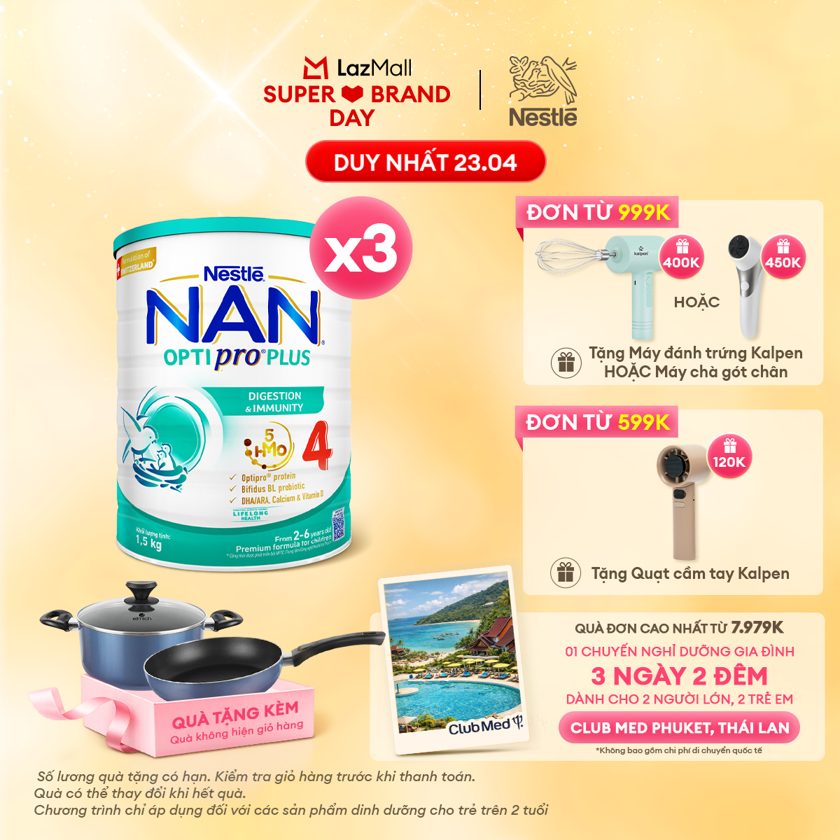 [CHỈ 23.04 QT Đơn 599K/999K] [Tặng Set Nồi Chảo Elmich] Bộ 3 lon Sữa Bột Nestlé NAN OPTIPRO PLUS 4 1500g Cho Bé 2 - 6 Tuổi: Công Thức Độc Quyền Nhập Khẩu Từ Thụy Sỹ, Chứa Phức Hợp 5-HMO