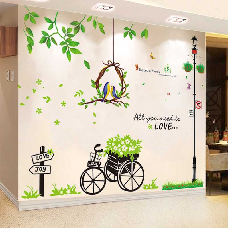 Decal dán tường combo cây đèn, lồng chim và xe đạp xanh
