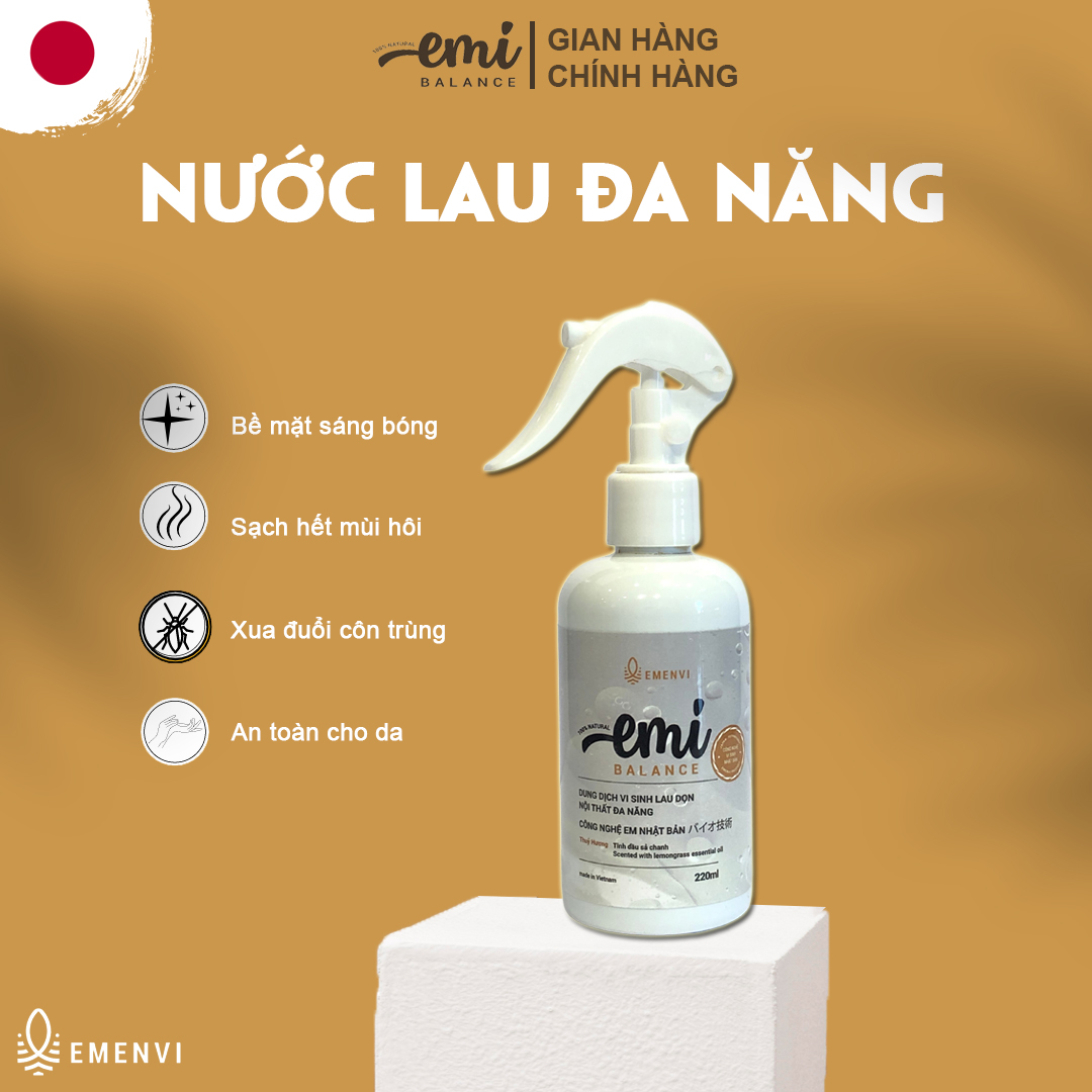 Nước lau bề mặt đa năng EMi Balance vệ sinh nội thất bàn ăn ghế da túi da tủ lạnh giúp làm sạch khử mùi mềm da 220ml