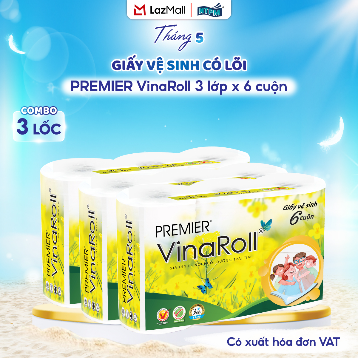 [COMBO 3 LỐC] Giấy vệ sinh PREMIER VinaRoll có lõi, 3 lớp - 100% bột giấy nguyên sinh, không chất tẩy, 6 cuộn/lốc - Chính hãng