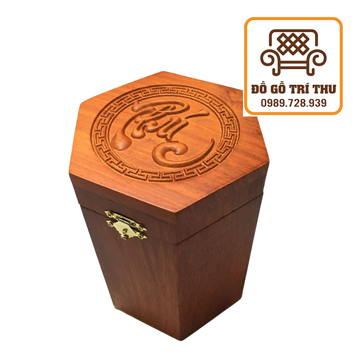 Hộp gỗ đựng chè, trà hình lục giác đục chữ Phúc chất liệu gỗ hương Nam Phi