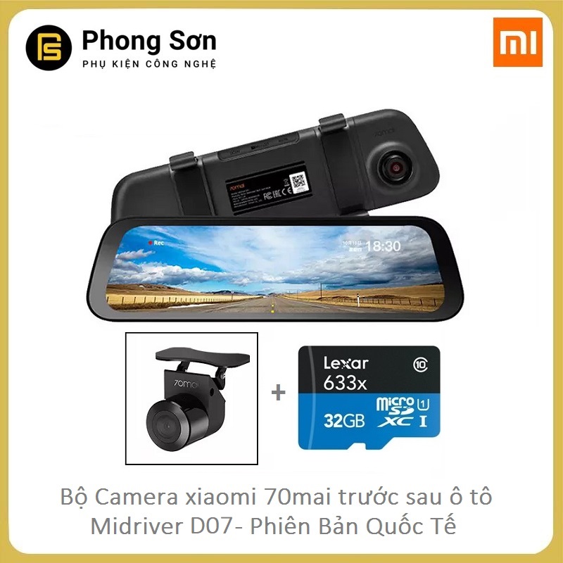 Camera hành trình gương Xiaomi , 70Mai rearview Dash cam Midriver D07 , Phiên  Bản Quốc Tế ,Kèm camera lùi,  Thẻ nhớ 32GB - Bảo Hành 12 Tháng