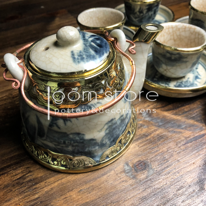 Ấm lẻ men rạn giả cổ bọc đồng gốm sứ bát tràng