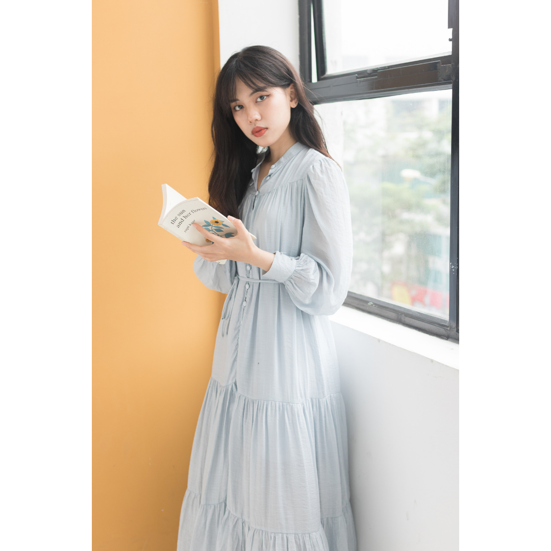 Đầm dài maxi cổ trụ tay dài phối cúc bọc có đai thắt eo vải tơ giấy wendy dress - melina workshop