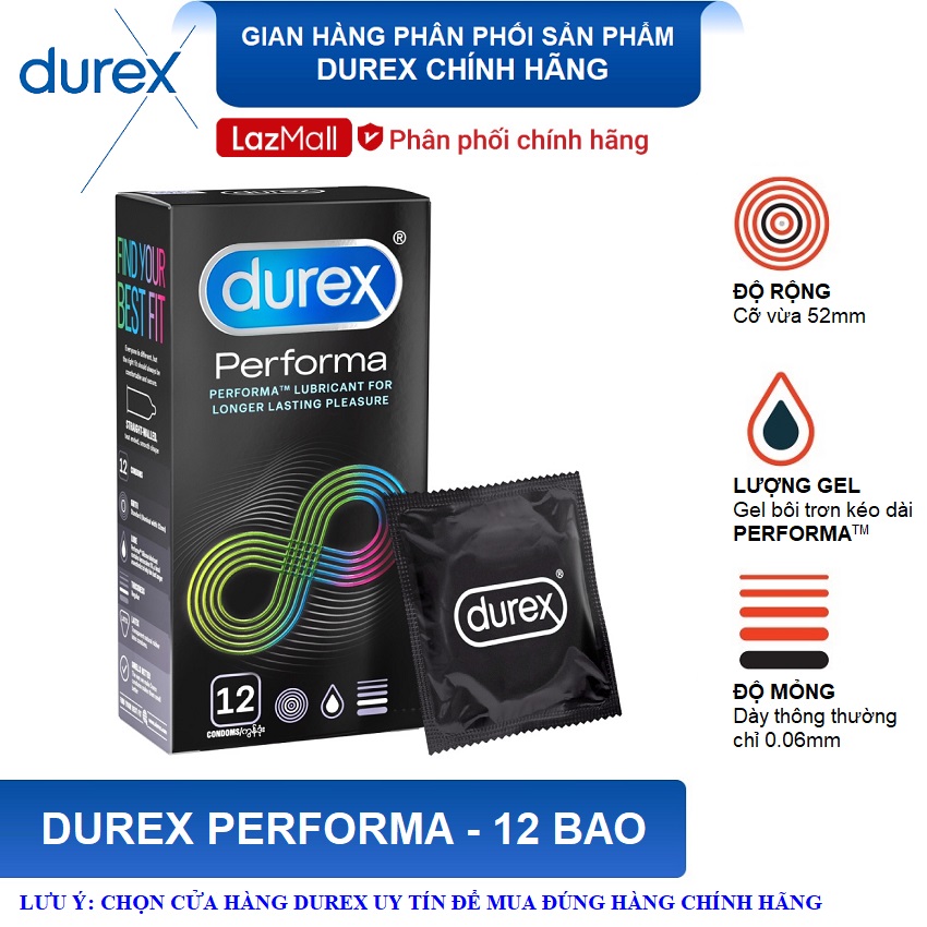 Bao cao su Durex Performa 12 bao - Kéo dài thời gian quan hệ , size 52mm cỡ vừa