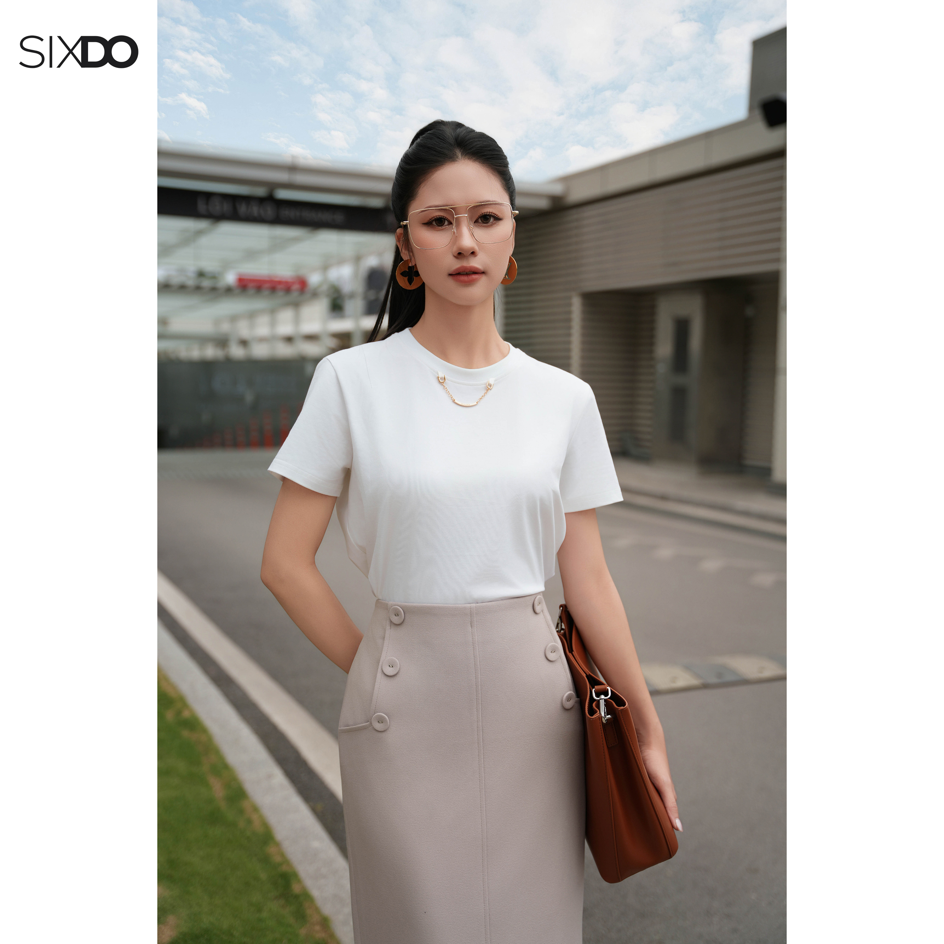  Áo thun nữ ngắn tay phối xích SIXDO  Cotton Tshirt  