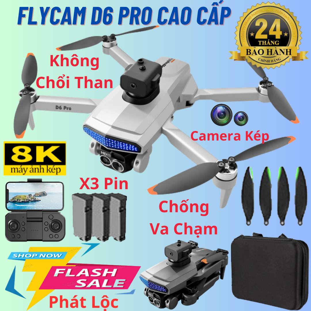 Máy Bay Flycam Camera Mini Giá Rẻ, Drone D6 Pro Máy Bay Không Người Lái Điều Khiển Từ Xa 4 Cánh Bay Siêu Cao, Siêu Xa, Pin Siêu Khủng