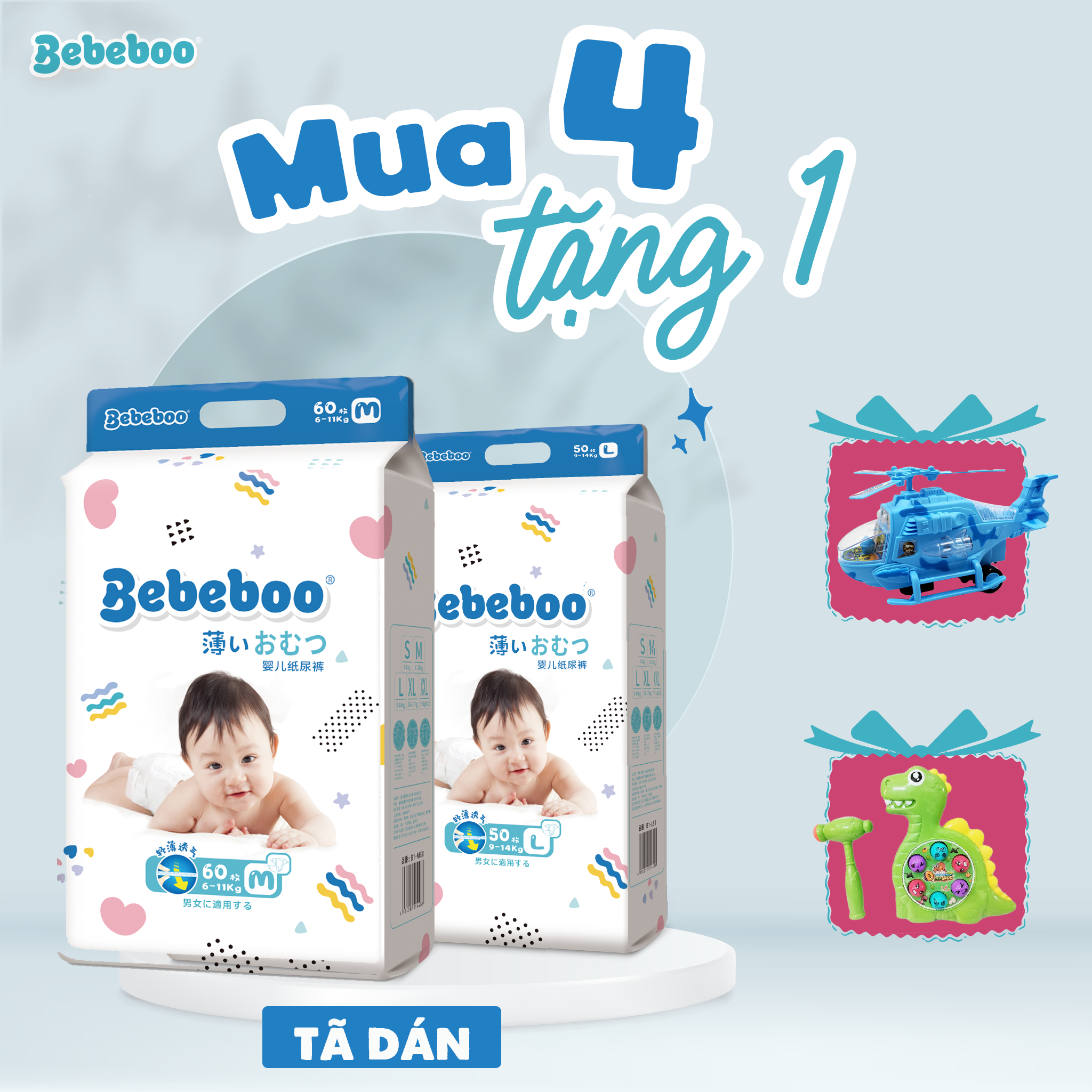 Combo 4 bịch Tã Bỉm dán Bebeboo Nhật Bản size NB80 S70 M60 L50
