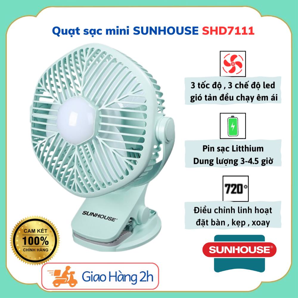 Quạt Mini Tích Điện Sunhouse SHD7111 Chính Hãng -Quạt Sạc Mini Tích Điện Pin Dùng 4 Giờ Tích Hợp Đèn - Bảo Hành 12 Tháng