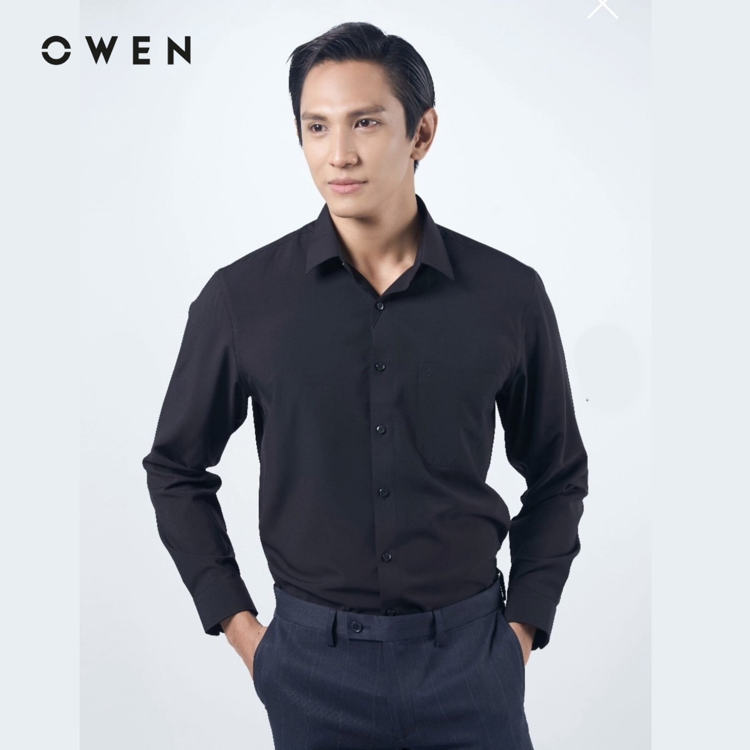 OWEN - Áo sơ mi dài tay Owen Regular fit màu đen trơn chất Nano không nhăn 230338 (có túi ngực)
