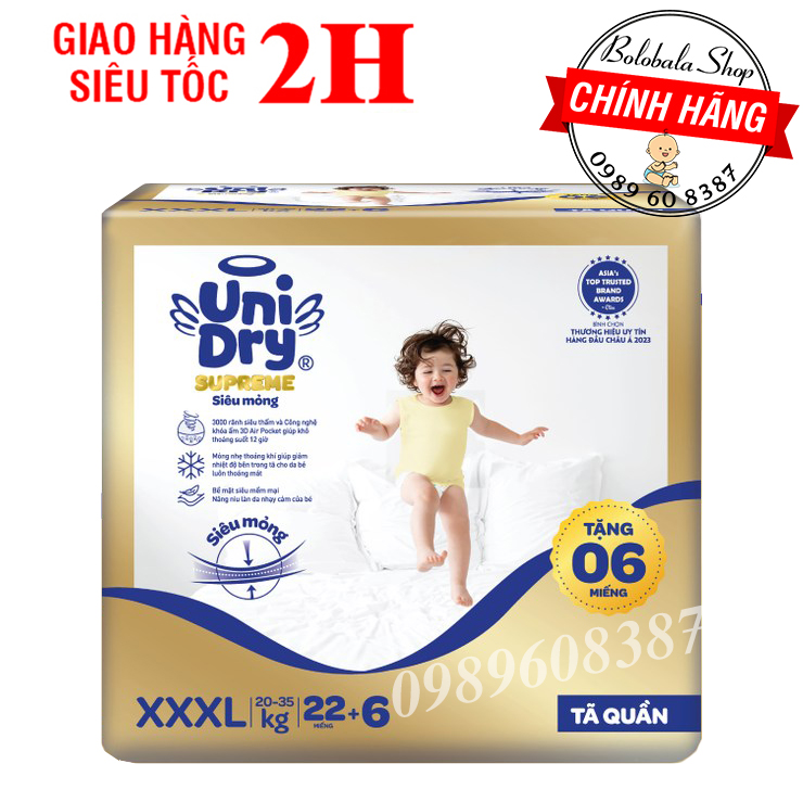 Tã quần UniDry Supreme siêu khô thoáng XXXL22 tặng 6 miếng (20-35kg)