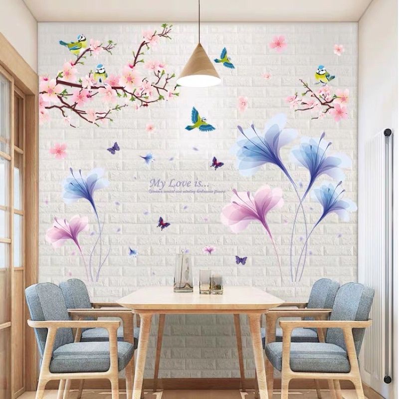 Decal dán tường cành đào và pha lê tím