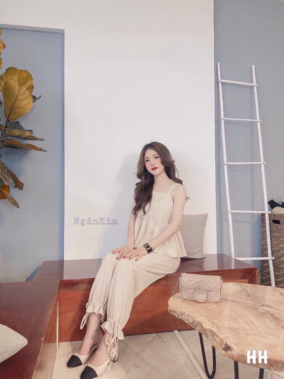 Set bộ nữ áo hai dây bản lớn babydoll cột nơ sau kèm quần dài